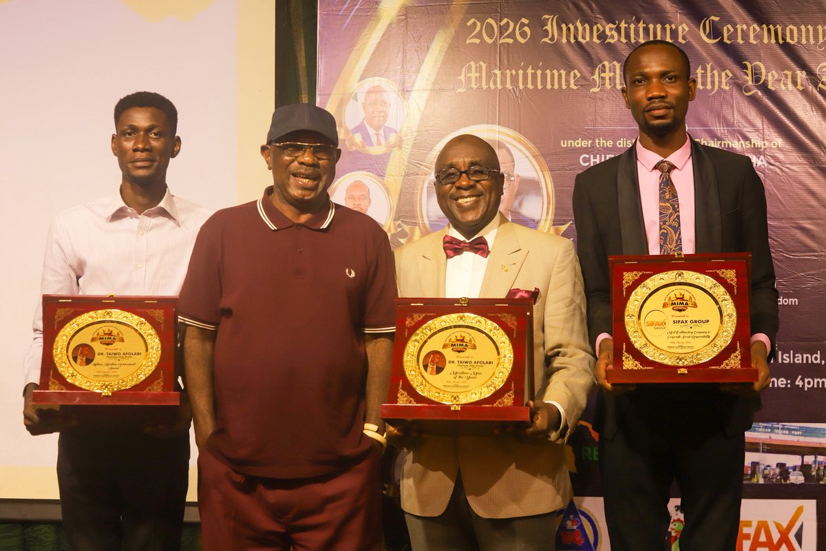 _Tamah1's tweet photo. SIFAX Group and its Chairman, Dr. Taiwo Afolabi, recorded a remarkable outing at the Maritime Industry Merit Awards (MIMA) 2026, clinching three prestigious honours in recognition of their outstanding contributions to Nigeria’s maritime and corporate landscape. https://t.co/mQEj49UMr1