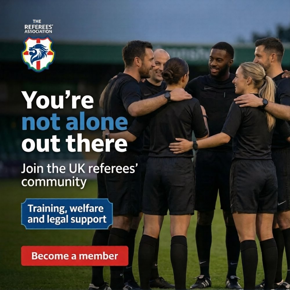 RefsAssociation's tweet photo. 90 minutes on the pitch can sometimes feel like the loneliest place in the world

As a member of the @RefsAssociation, you're never alone 🤗

Join a national network of almost 5,000 match officials &amp; take advantage of support available

Find your Local RA: https://t.co/D3PUI9F4kQ https://t.co/T42NXXFof0
