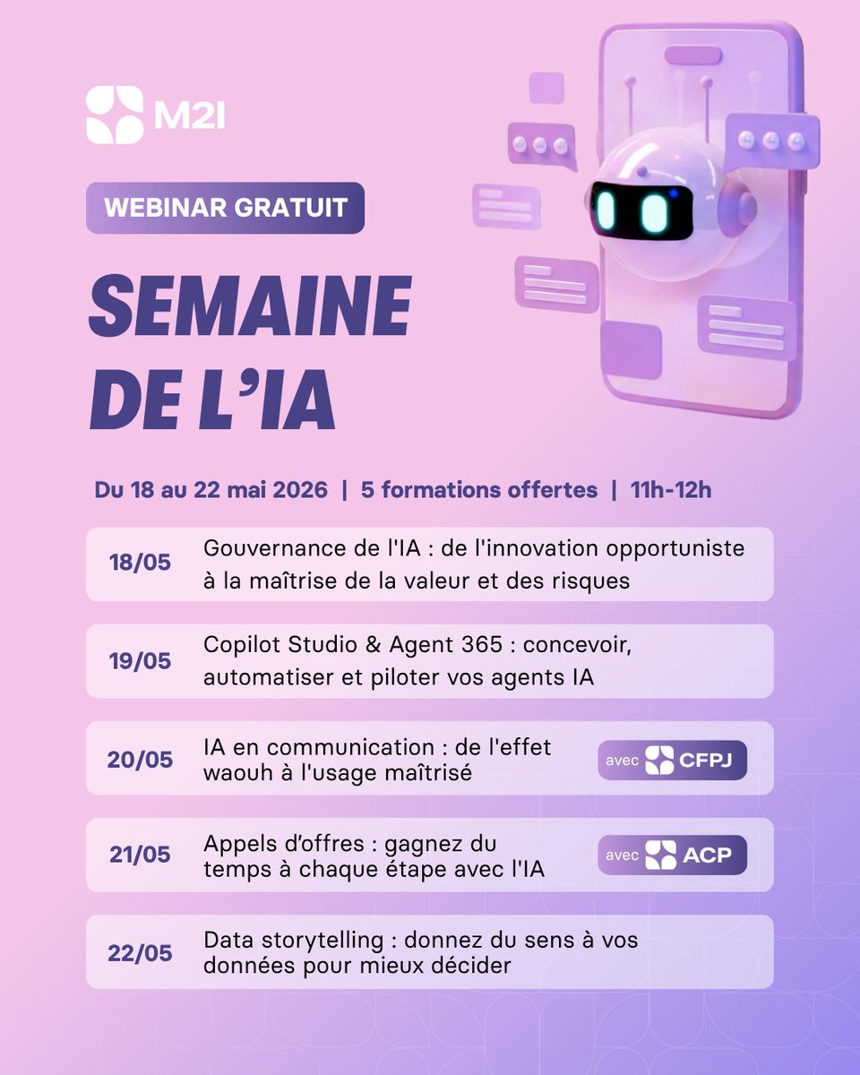 M2iFormation's tweet photo. 🤖 L'IA transforme déjà votre métier. La question n'est plus "si", mais "comment en tirer parti".
 
Du 18 au 22 mai, @M2I vous invite à La Semaine de l'#IA : 5 jours, 5 formations gratuites d'1h.
 
🔗 https://t.co/kfJp6ULSux https://t.co/VxBQFZnp0e