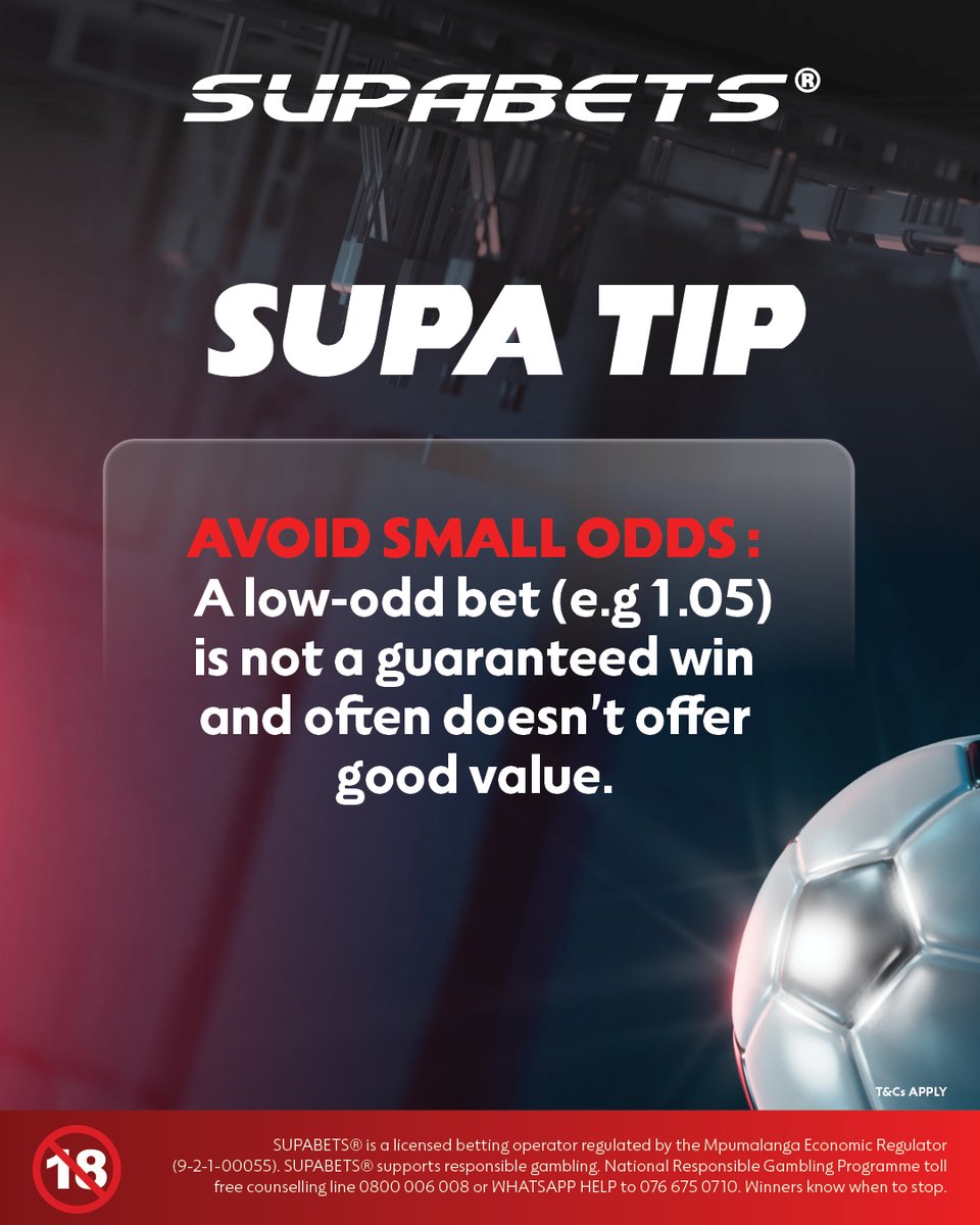 Supabets_mzansi's tweet image. 💡SUPA TIP - AVOID SMALL ODDS 🔢

NO HIGH EXPECTATION (BANKER) IS GUARANTEED🫣

❤️ &amp;amp; retweet ✌️

#Supatip #BetResponsibly #Supabets

18+| Bet Responsibly