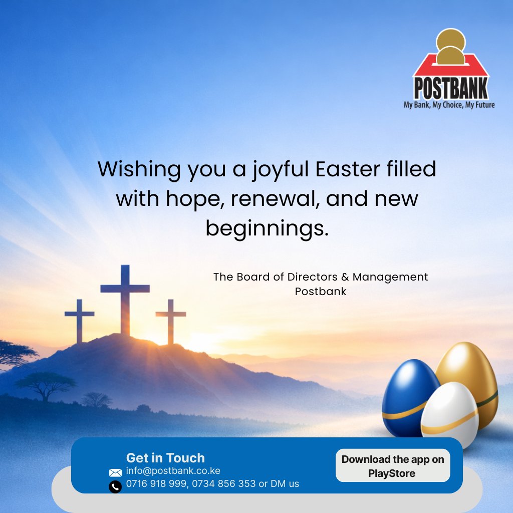 Postbank1's tweet photo. Happy Easter Fam!
Please note that all our branches will remain closed over the Easter holiday (3rd and 6th April 2026)  period.
You can continue to access our services anytime via our digital channels.
Wishing you a joyful and peaceful Easter. #SaveNaPostbank https://t.co/vOSmzERCbU