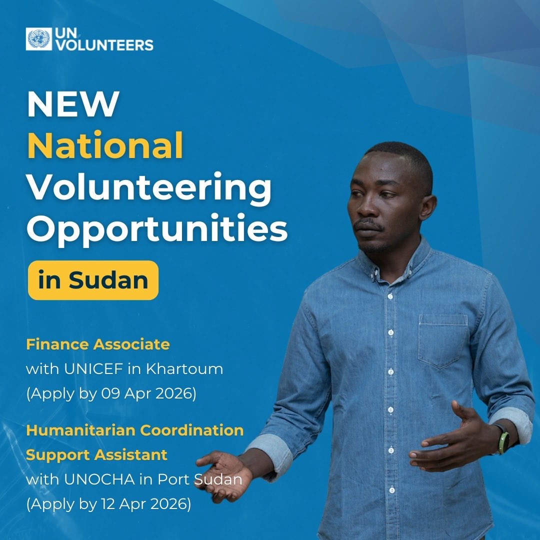 theresescocco's tweet image. National @UNVolunteers opportunity with @UNOCHA_Sudan - join an amazing team in Port Sudan as a Humanitarian Coordination Support Assistant, working on strengthening the #coordination of the #humanitarian #response in #Sudan. Must be Sudanese national to apply. Deadline 12 April.