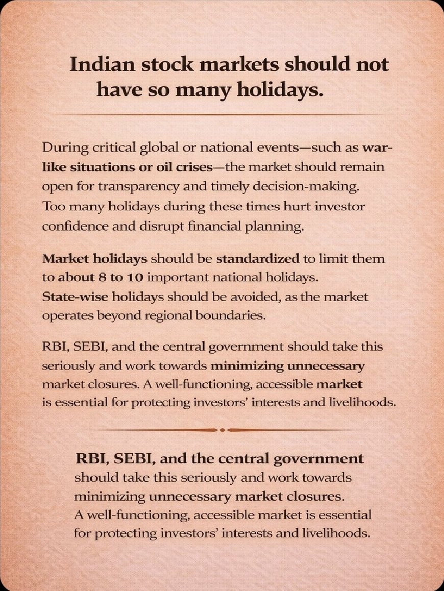What kind of Indian Market. Feels like Holidays are more than Market hours.
<a href="/SEBI_India/">SEBI_Awareness</a> <a href="/RBI/">ReserveBankOfIndia</a> @SEBI <a href="/SEBI_updates/">SecuritiesandExchangeBoardofIndia</a> <a href="/FinMinIndia/">Ministry of Finance</a> <a href="/nsitharaman/">Nirmala Sitharaman</a> <a href="/ETMarkets/">ETMarkets</a> <a href="/CNBCTV18Live/">CNBC-TV18</a> <a href="/moneycontrolcom/">Moneycontrol</a> <a href="/NDTVProfit/">NDTV Profit News</a>