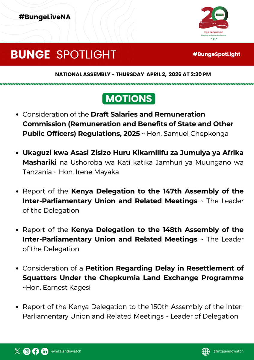 The National Assembly will this afternoon consider the Supplementary Appropriation Bill (National Assembly Bill No. 16 of 2026) alongside other business. Follow live updates from 2:30pm via #BungeLiveNA. 

#BungeSpotLight