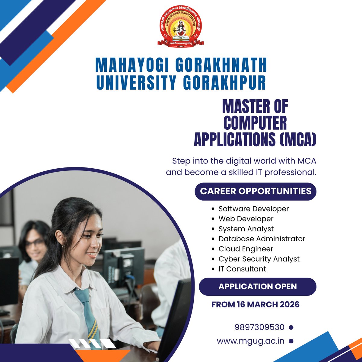 MGUGOfficial's tweet photo. Admission Open 2026–27 Applications Now Open from 16th March 2026 Master of Computer Application (MCA). Application Link : https://t.co/iujlGkxY7p #AdmissionsOpen #Admissions2026 #joinmgug #Mgug #computerapplication https://t.co/h3vTtWnOK6