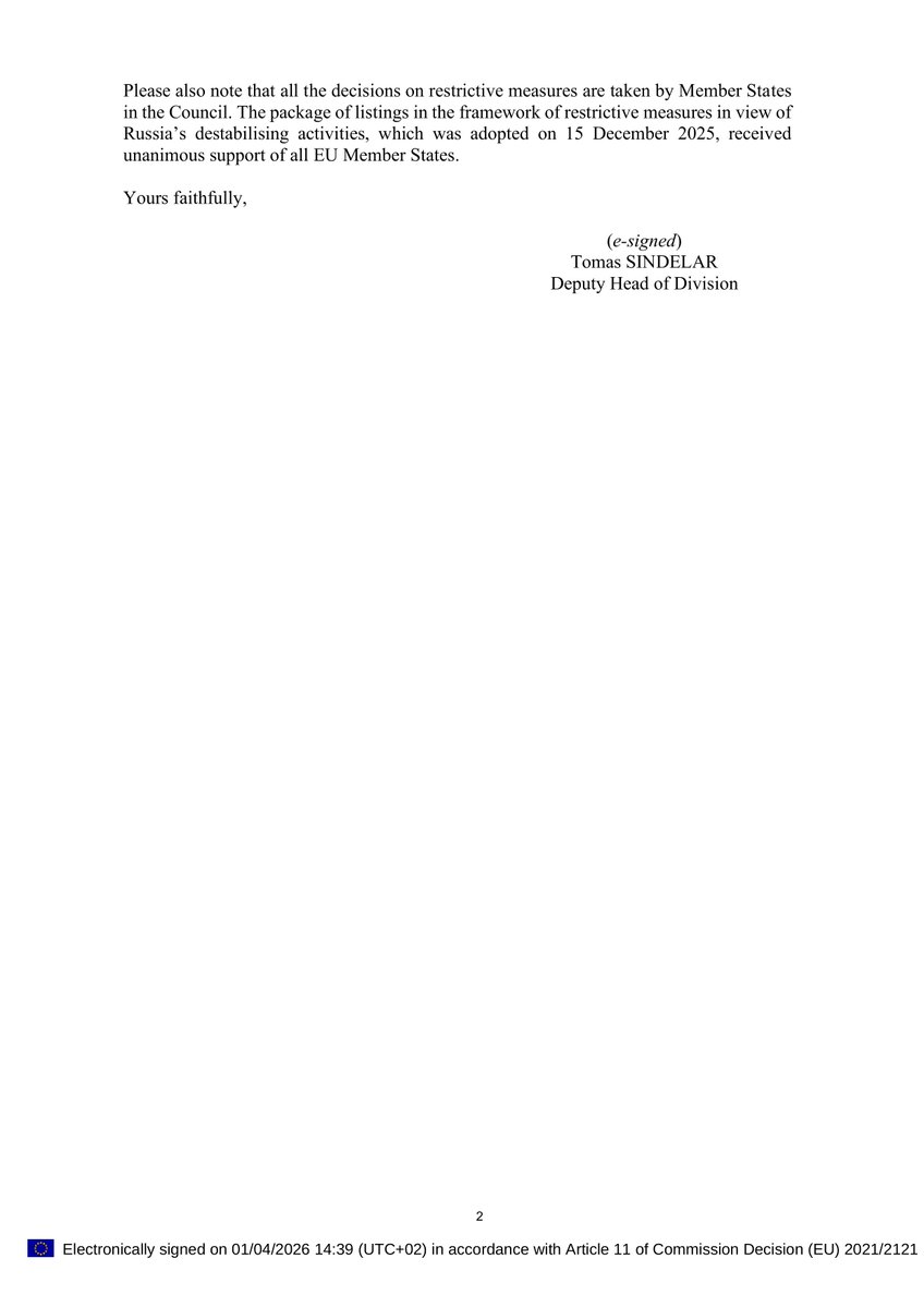 SANCTIONS IMPOSED BY THE EUROPEAN UNION ON PRIVATE INDIVIDUALS

In their reply to my letter raising the issue of sanctions imposed on individuals such as Mr Baud, President Costa and High Representative Kallas justify these measures on the grounds of his alleged destabilising