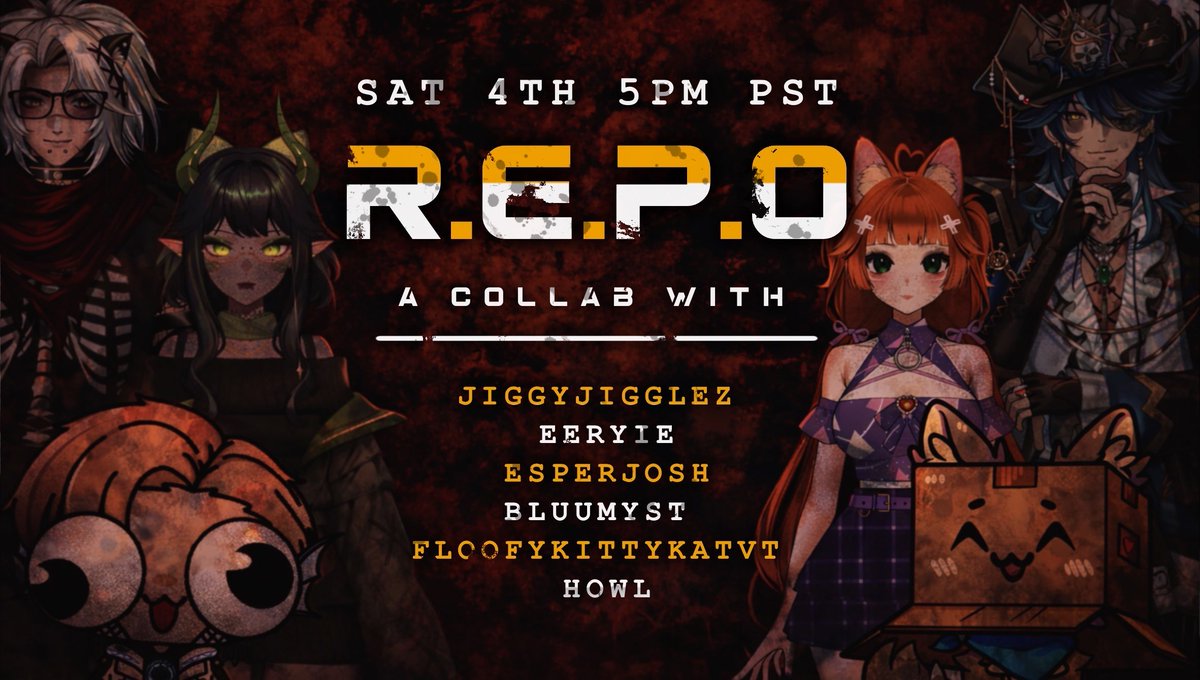 JiggyJigglez's tweet photo. 🔥 R.E.P.O COLLAB ! ! !🔥

This Saturday I'm running a R.E.P.O collab with myself @JiggyJigglez, @ESPERJ0SH, @_Eeryie, @BluuMyst, @FloofyKitkatVT, and @I_am_Howl   

Don’t miss out as we’re bringing new friends and old together to bring you the UTMOST chaos!

Hope to see you there!

📅 Saturday, April 4th
⏰ 5PM PST