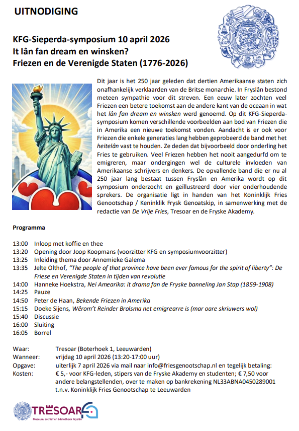 sneuperdokkum's tweet photo. Symposium van @KFGenootschap en @devrijefries over Friezen en de Verenigde Staten 1776-2026 op vrijdag 10 april 2026 @Tresoar in Leeuwarden https://t.co/af4H5TXUjg