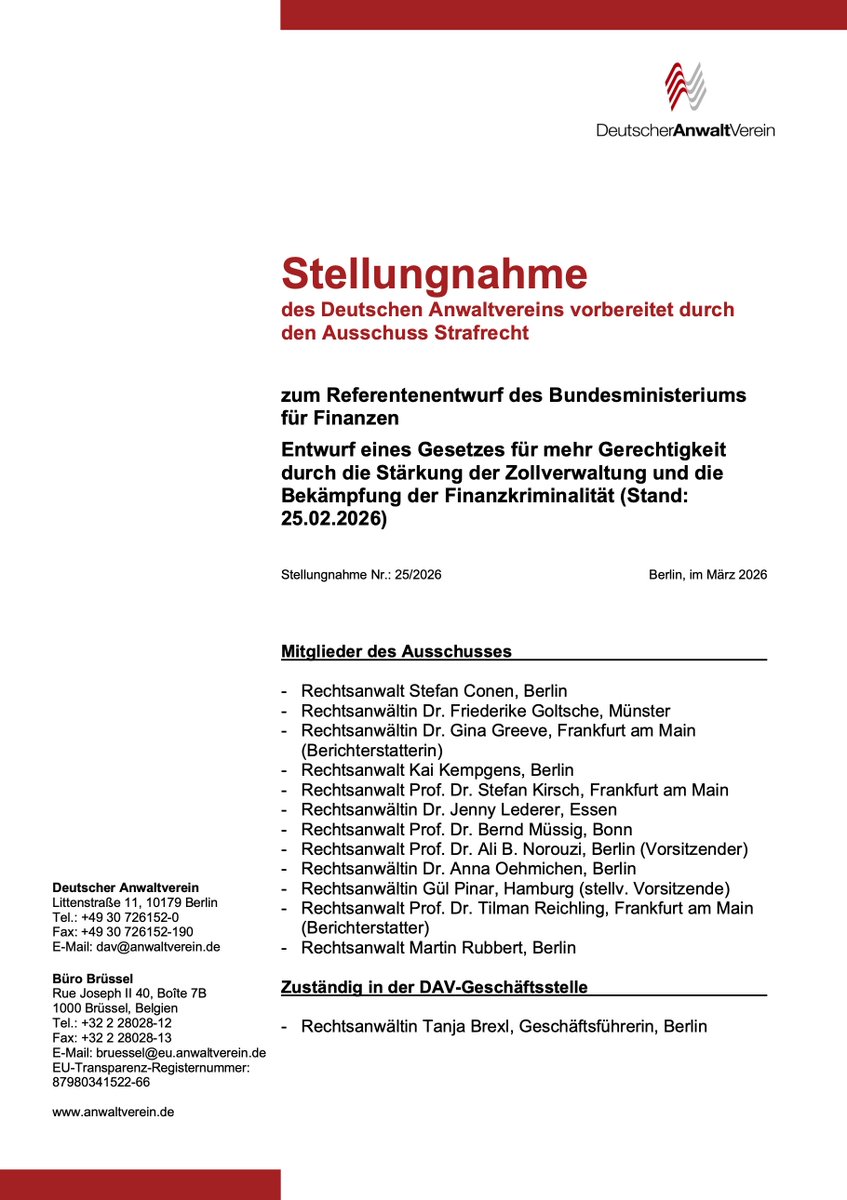 Paradigmenwechsel – oder gefährliche Entwicklung?
Eingriffe ohne Anfangsverdacht, Verlagerung ins Verwaltungsrecht &amp; unklare Begriffe. Aus unserer Sicht rechtsstaatlich bedenklich. 

👉 DAV-Stellungnahme, t1p.de/gel7g

 #Strafrecht #Strafverteidigung #Zoll #Geldwäsche