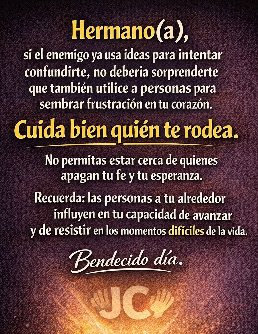 ✨ No todo el mundo que te rodea suma a tu propósito. Hoy es un buen momento para cuidar tu corazón y tu fe. 🙌

💬 Comenta “CUIDO MI FE” si decides rodearte de lo que te acerca a Dios

👉 Sígueme para más mensajes que fortalezcan tu vida cada día
#CuidaTuFe #DiosPrimero
