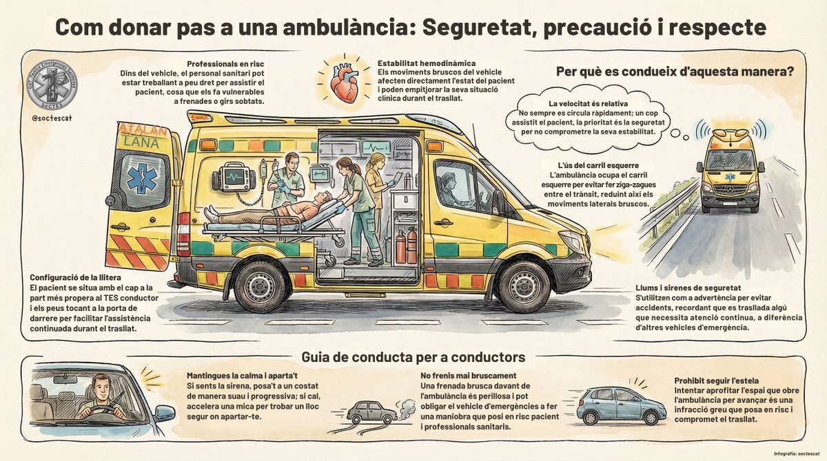 soctescat's tweet photo. 1/2
🚑Les ambulàncies no sempre van amb presses. Quan traslladem un pacient, frenades o accelerades brusques poden posar en perill la seva estabilitat.
Si ens veus, no frenguis de cop. Posa’t a un costat amb suavitat.
T’ho expliquem en aquesta infografia 👇
#TES #Emergències #Gdt https://t.co/B3X90ogG25
