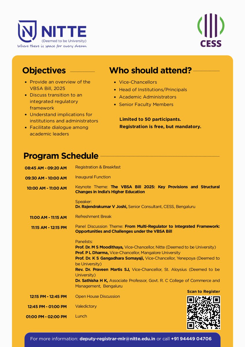 A Round-Table Discussion on the VBSA Bill will be conducted by CESS in collaboration with NITTE (Deemed to be University), Mangaluru.
🗓 Date: April 10, 2026
⏰ Time: 8:30 AM onwards
📍 Venue: NITTE (Deemed to be University), Mangaluru

#VBSABill #PolicyDiscussion
