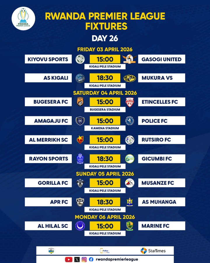 Mamaurwagasabo1's tweet photo. Shampiyona y'u Rwanda irakomeza guhera kuri uyu wa Gatanu ikipe ya Kiyovu Sports yakira Gasogi United  saa cyenda, naho AS Kigali ikakira Mukura saa kumi nebyiri  n'igice, imikino yose ikazabera kuri stade ya Kigali Pele.

#UrwagasaboSports https://t.co/Nx21f8AT1C