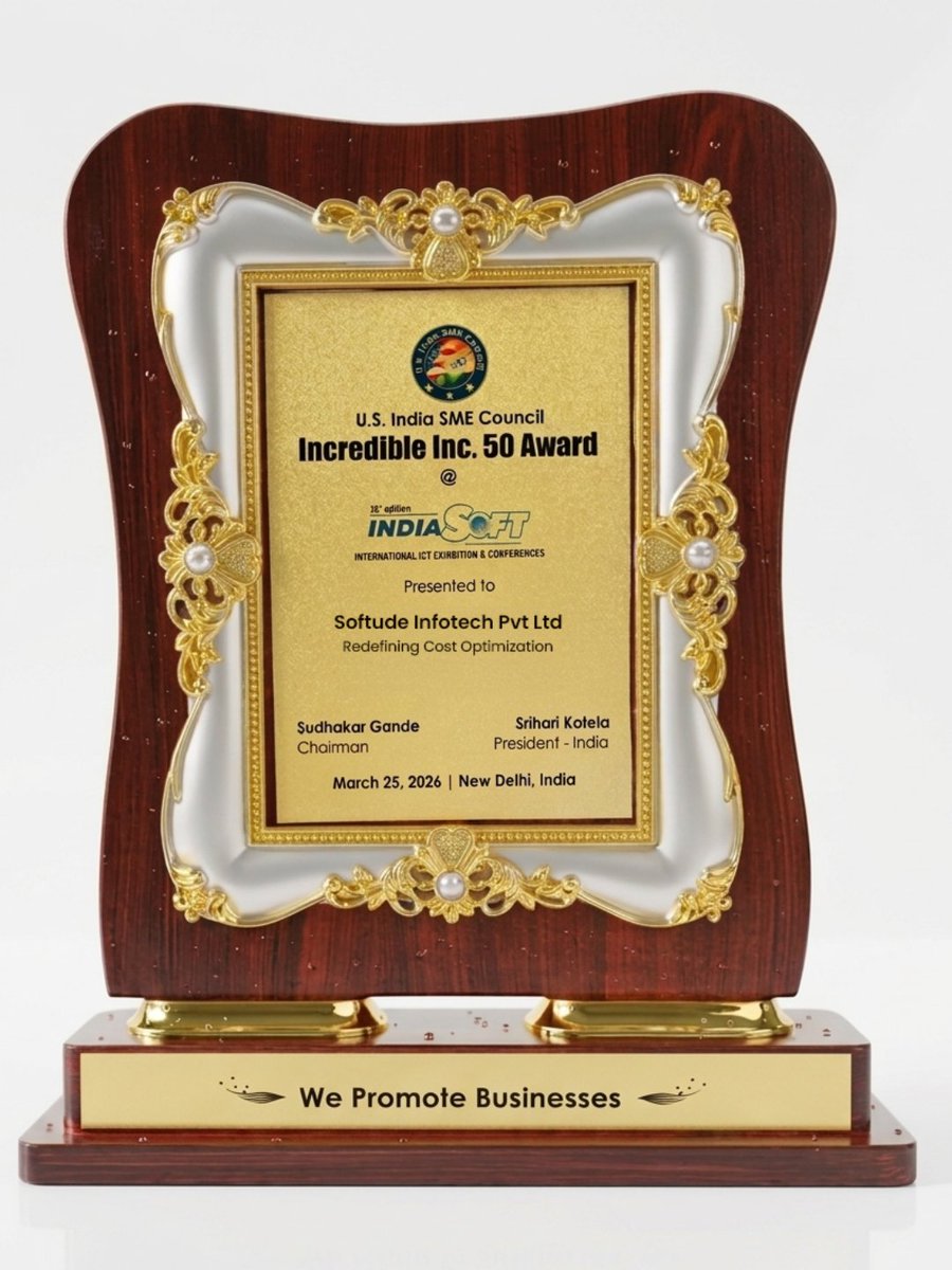 Softude_'s tweet photo. Softude is proud to receive the Incredible Inc. 50 Award at INDIASOFT 2026 🏆

Received by Sunita Kishnani (CMO) and Tanmay Rawat (CTO), this reflects our approach with Cost It Right—helping manufacturers make smarter decisions.

This belongs to our team 🙌 https://t.co/aQTS2QkDEP