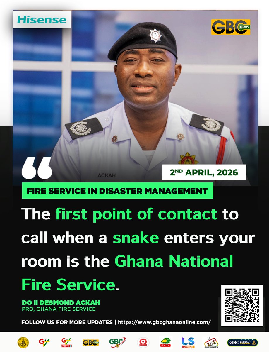 GTV_Ghana's tweet photo. If you find a snake in your room, the Ghana National Fire Service is your first point of contact for safe removal. 🐍🚒

Stay safe and let the professionals handle it!
#GhanaFireService #PublicSafety #DisasterManagement #WildlifeSafety #GBCNews #EmergencyServices https://t.co/9iXM6Qv04r