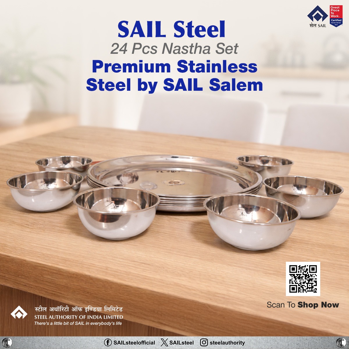 SAILsteel's tweet photo. Add elegance and durability to your dining with the 24 pcs Nastha Set made from Premium Stainless Steel by SAIL Salem. Designed for hygiene, long-lasting shine, and everyday use, it reflects SAIL’s trusted quality and strength.

#SAIL  #SAILSalem #NasthaSet #Kitchenware https://t.co/jLBv6bGDrn