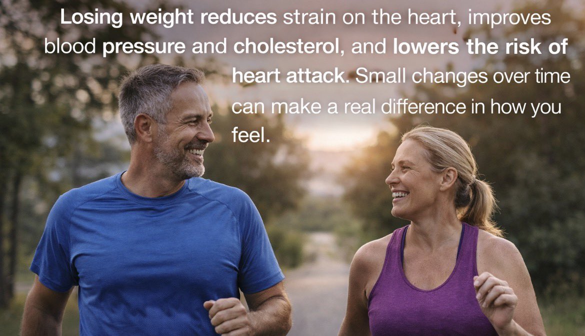 ZainKhalpey's tweet image. Losing weight reduces strain on the heart, improves blood pressure and cholesterol, and lowers the risk of heart attack. 

Small changes over time can make a real difference in how you feel. 

#MedTwitter #HeartHealth #WeightLoss #Prevention