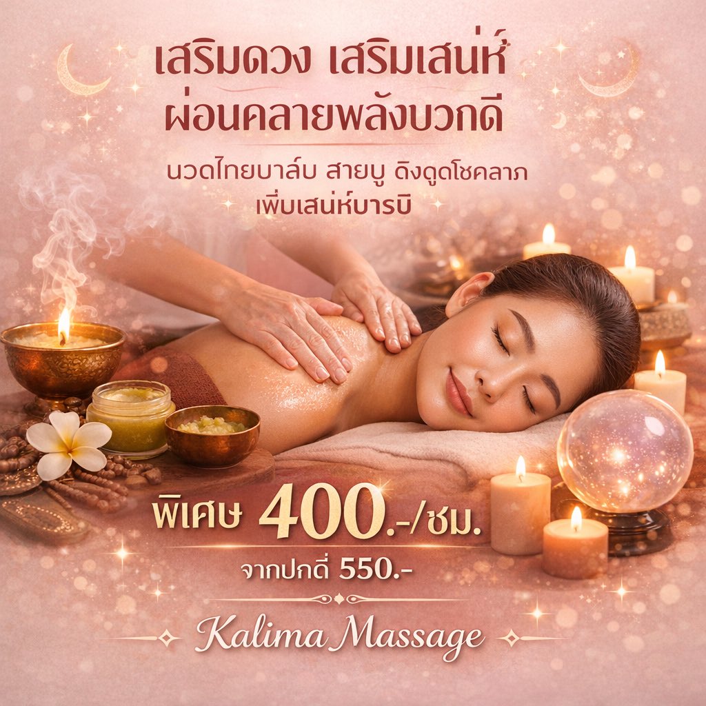 KalimaSpaMlszq's tweet photo. ✨ เปิดพลังดี เคลียร์พลังลบ ด้วย “นวดไทยบาล์ม” ✨
เหนื่อยล้า ดวงตก งานส��ดุด ลองรีเซ็ตพลังชีวิตให้ไหลลื่นอีกครั้ง 💫

💆‍♀️ นวดไทยบาล์ม เพียง 400.-/ชม.
(จากปกติ 550.

📍 Kalima Massage (ติดวัดแขก สีลม กรุงเทพฯ)
☎️ 081-657-6707
📱 Line: @484ujkbe
👉 https://t.co/QJbWsfR1L9 https://t.co/HC52I2ej86