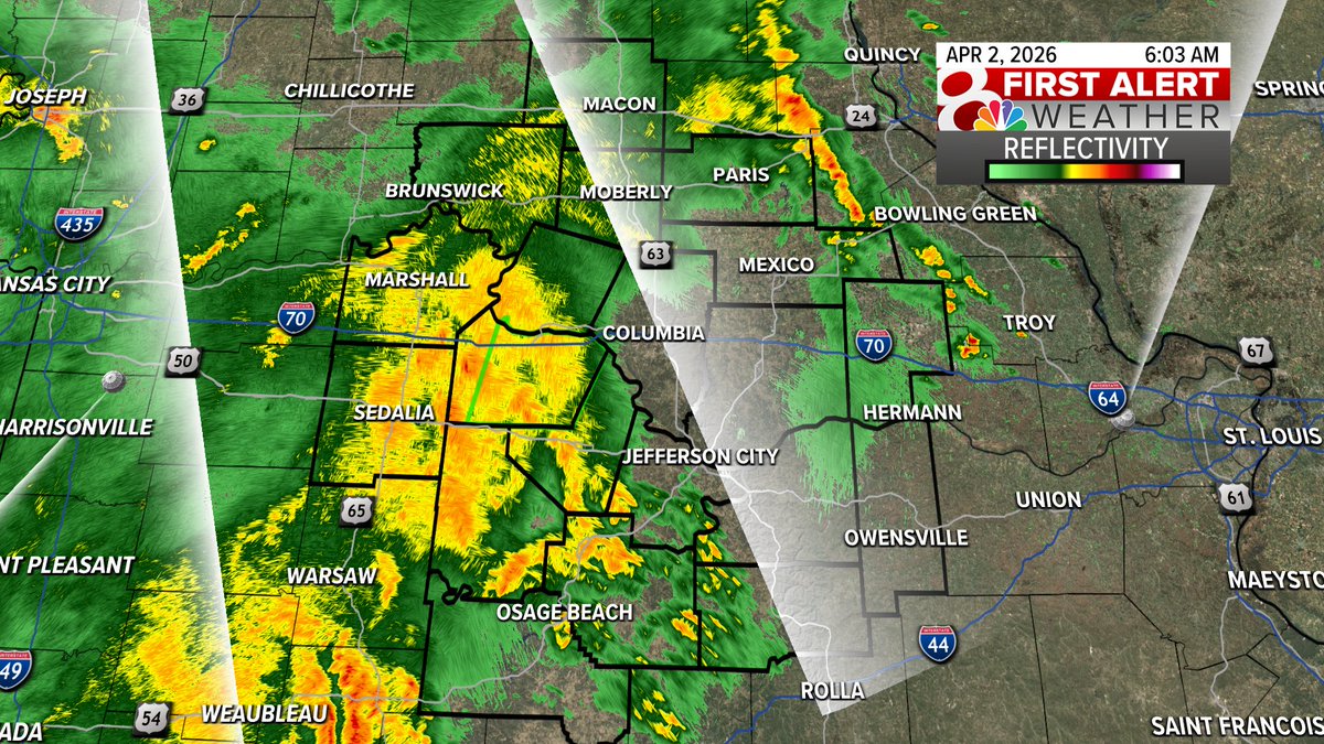 BethFinelloWx's tweet image. 6AM RADAR UPDATE: Heavy rain now moving in to Howard County, getting ready to cross HWY 63. Grab the rain gear! #midmowx #midmo #mowx @KOMUnews