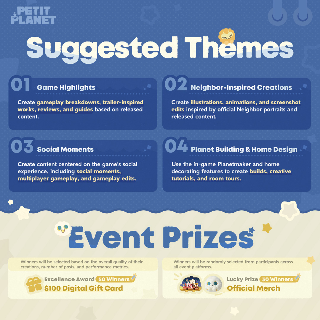 Petit Planet Creations Event is Live！

The Stardrift Test is just around the corner—start creating and share your Petit Planet–inspired content!

Event Period: 2026/04/03 - 2026/05/31 23:59 (UTC+8)