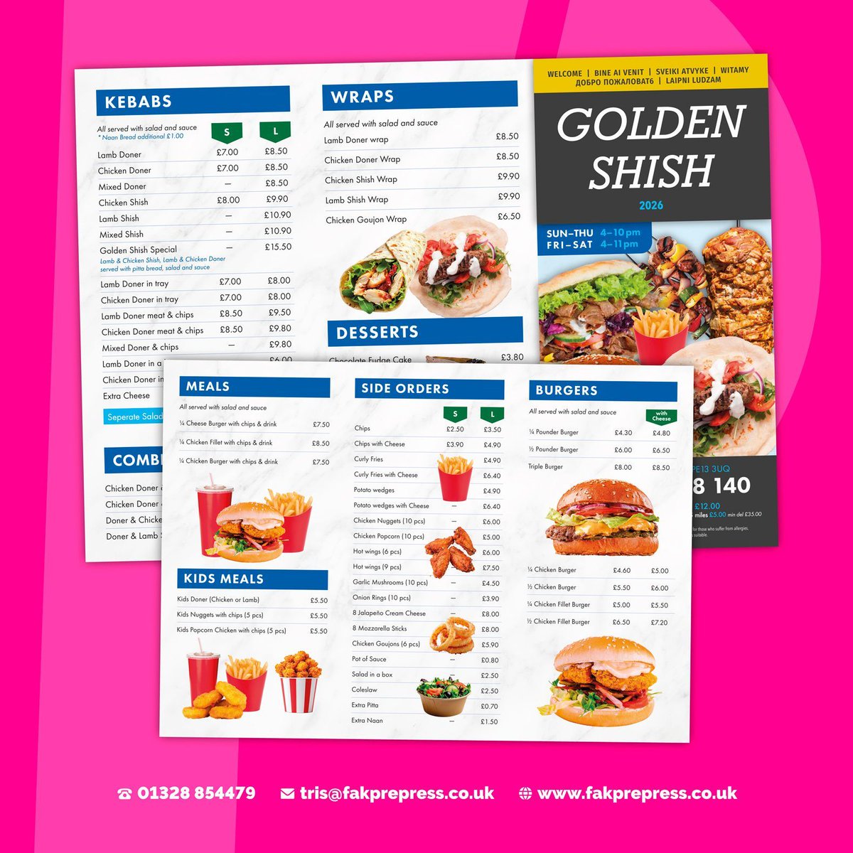 fakprepress's tweet photo. We're designing a new food menu for the team at Golden Shish in Wisbech 🍔

Just a reminder that we’ll be on the long weekend break from Friday 3rd April, returning to the office at 7am on Tuesday 7th April.

#websites #webupdates #design #print #branding #logo #advertising https://t.co/WeCxybOcdy