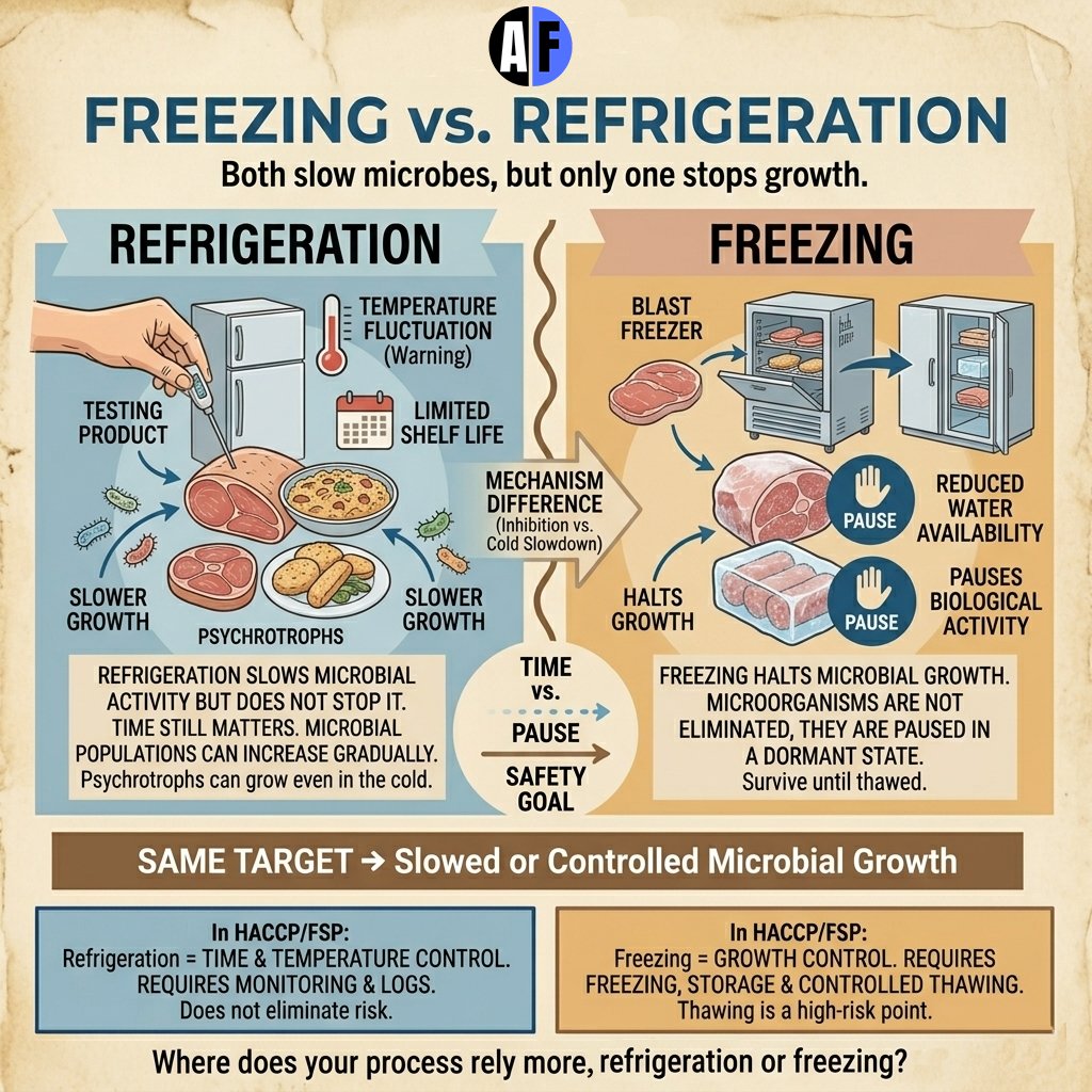 AgriForaging's tweet photo. FREEZING vs. REFRIGERATION ❄️

Both slow microbes, but only one stops time.

Refrigeration slows activity (psychrotrophs still grow!), while Freezing pauses growth entirely by reducing water activity.

Same target ➡️ controlled growth.
Different mechanism. Different control. 🌡️ https://t.co/wYHUN34GWn