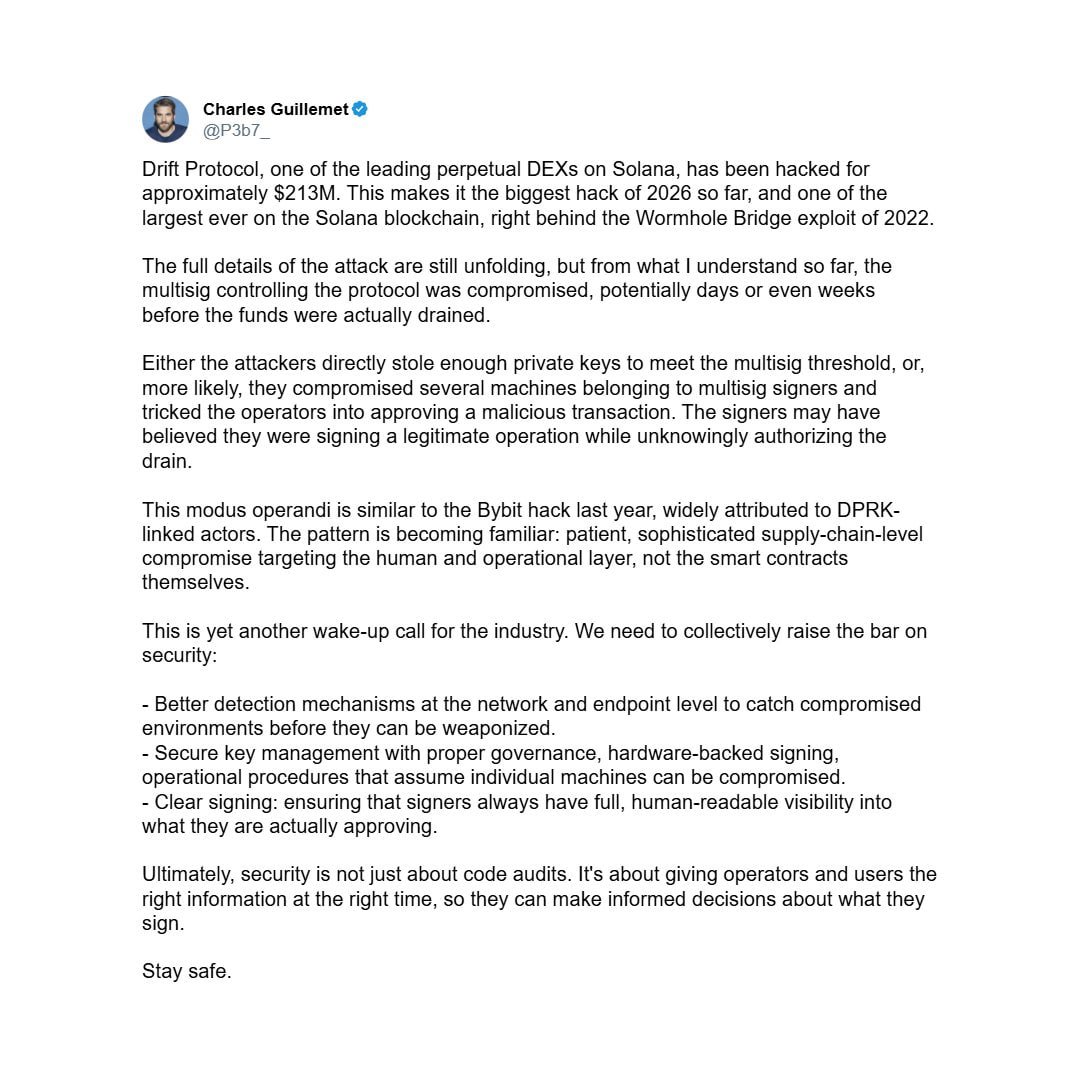 Cointelegraph's tweet photo. 🚨 LATEST: Ledger CTO suspects $280M Drift Protocol hack linked to North Korea threat actors. https://t.co/UuHd0jrpyU