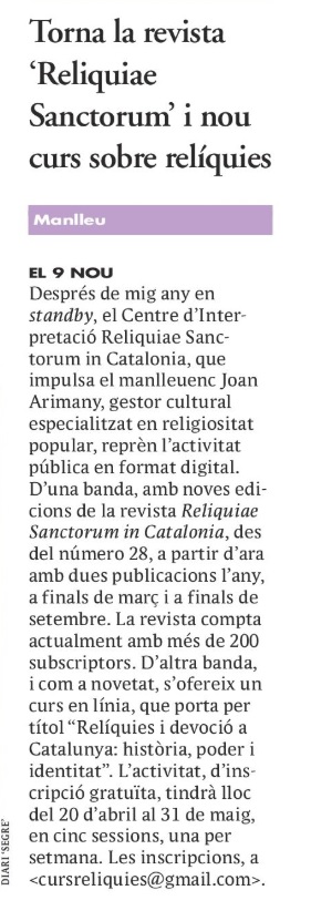 joanarimanyjuv's tweet photo. L'edició d'avui de @el9nou (Osona-Ripollès) esmenta el retorn de la revista digital #Reliquiae Sanctorum in Catalonia i la convocatòria del proper curs gratuït sobre les #relíquies dels sants a Catalunya. Moltes gràcies @miquelerra https://t.co/DLZqN9mvJD