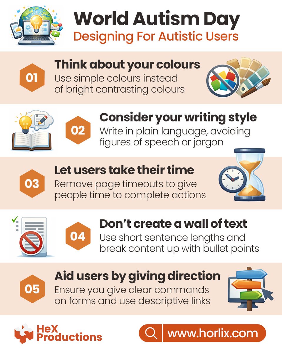 HeX_Productions's tweet image. 700,000 people in the UK are #autistic. That’s a lot of users who may be unable to access your site if inclusive design isn't considered. Some simple principles can transform your content, making it easier to see, navigate &amp;amp; digest: zurl.co/EALeN

#WorldAutismDay #A11y