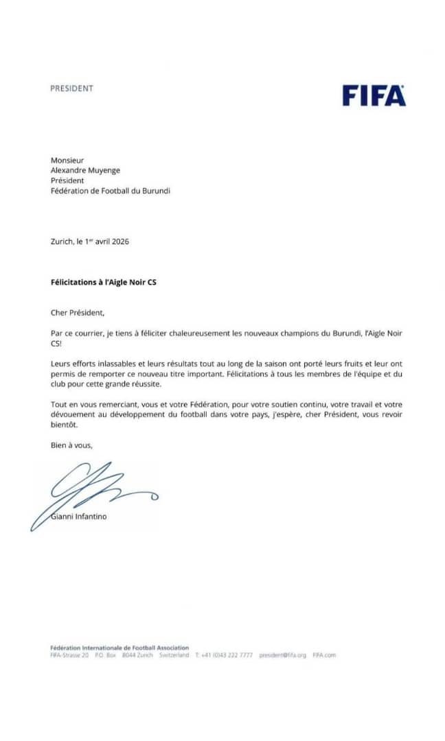 IntumwaNews's tweet image. 🔴#Burundi - #Sport  : félicitations officielles de la @FIFAcom à @AN_thefighters pour son sacre au Burundi

La #FIFA a adressé un message officiel de félicitations à la Fédération de Football du #Burundi à la suite du sacre du club Aigle Noir CS, récemment couronné champion du