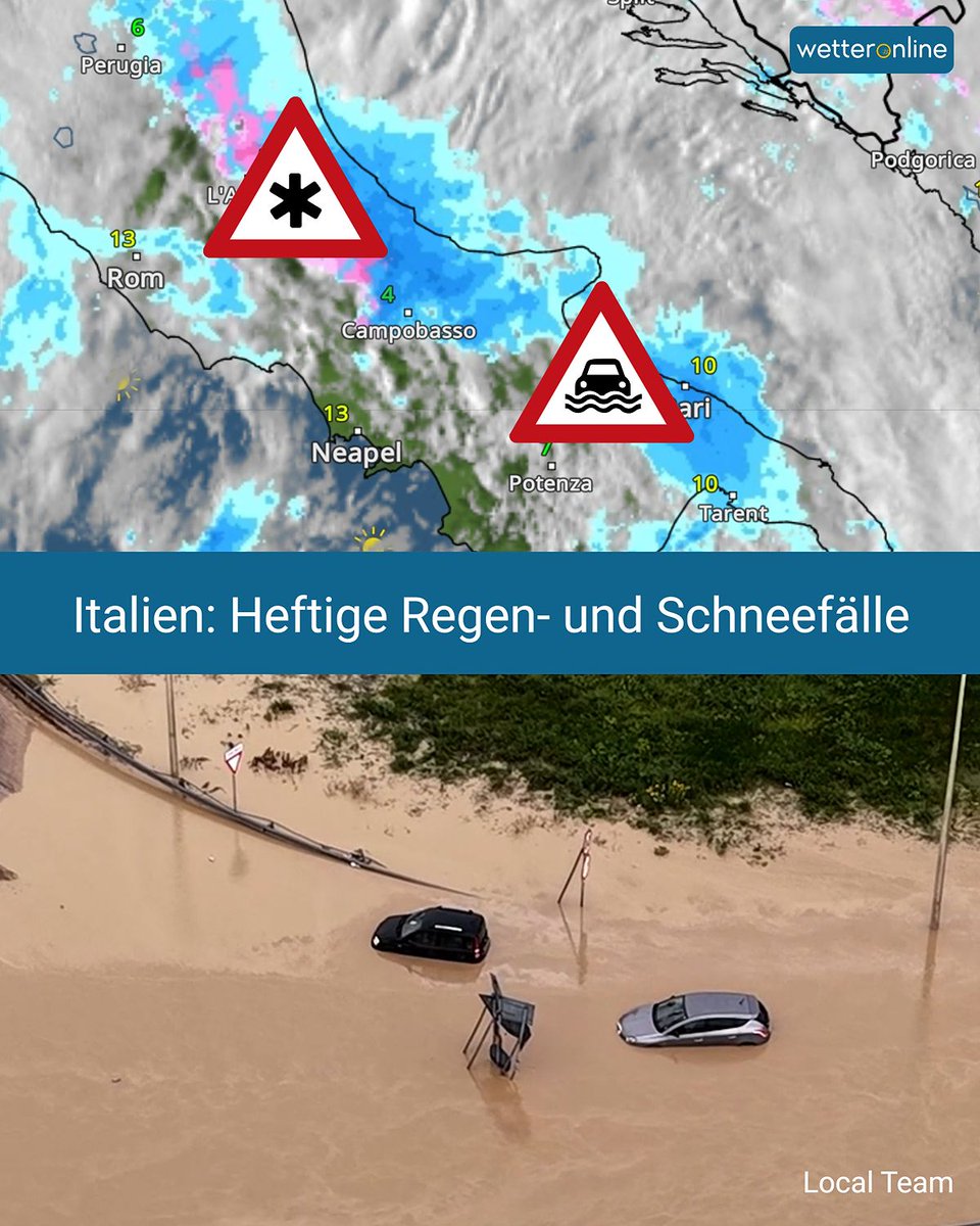 WetterOnline's tweet image. 🌧️ Tief ERMINIO sorgt in Italien für Überschwemmungen &amp;amp; über 1,5 Meter Neuschnee im Apennin. Verkehrsprobleme &amp;amp; Stromausfälle. Entspannung erst ab Karfreitag.

Mehr Infos:
👉 to.wetteronline.de/unwetter-in-it…

#Italien #Unwetter #Erminio #Hochwasser