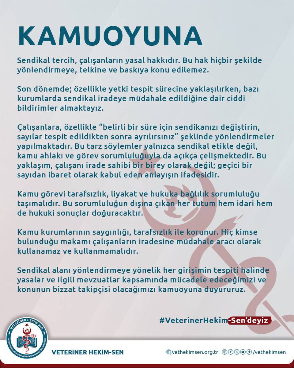 KAMUOYUNA

Sendikal tercih, çalışanların yasal hakkıdır. Bu hak hiçbir şekilde yönlendirmeye, telkine ve baskıya konu edilemez. 

Son dönemde; özellikle yetki tespit sürecine yaklaşılırken, bazı kurumlarda sendikal iradeye müdahale edildiğine dair ciddi bildirimler almaktayız.