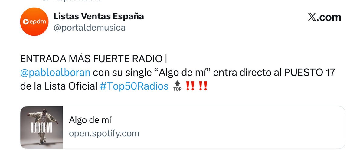 ClubFansPabloAl's tweet photo. #INFO La canción #AlgoDeMi de Pablo Alborán es la entrada más fuerte esta última semana en las radios 🇪🇸 directo al número 17
@portaldemusica https://t.co/v1HnbhVdLS