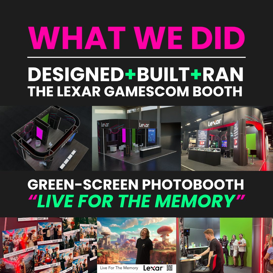 Kuoda's tweet photo. A bit of a #ThrowbackThursday for when we took @Lexar_Gaming and their gaming product line to Gamescom 2023! 

What did we do?
🛠️ Designed, built, and ran the Lexar booth.
📷 Integrated the brand's history in photography with a green-screen photo booth setup with gaming backgrounds.
🖼️ Encouraged people to share their photo ‘memories’.
🔎 Greatly increased Lexar's search traffic during the event.