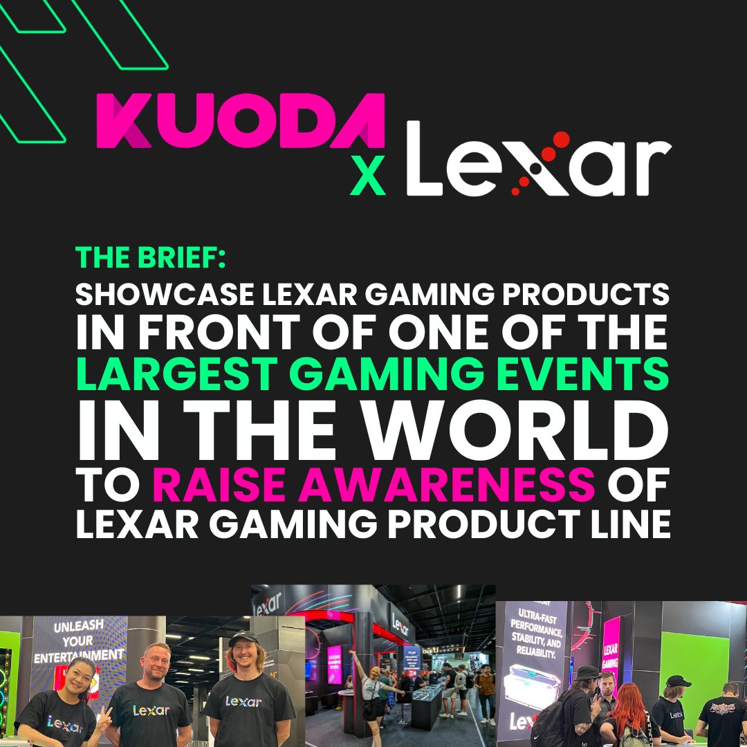 Kuoda's tweet photo. A bit of a #ThrowbackThursday for when we took @Lexar_Gaming and their gaming product line to Gamescom 2023! 

What did we do?
🛠️ Designed, built, and ran the Lexar booth.
📷 Integrated the brand's history in photography with a green-screen photo booth setup with gaming backgrounds.
🖼️ Encouraged people to share their photo ‘memories’.
🔎 Greatly increased Lexar's search traffic during the event.