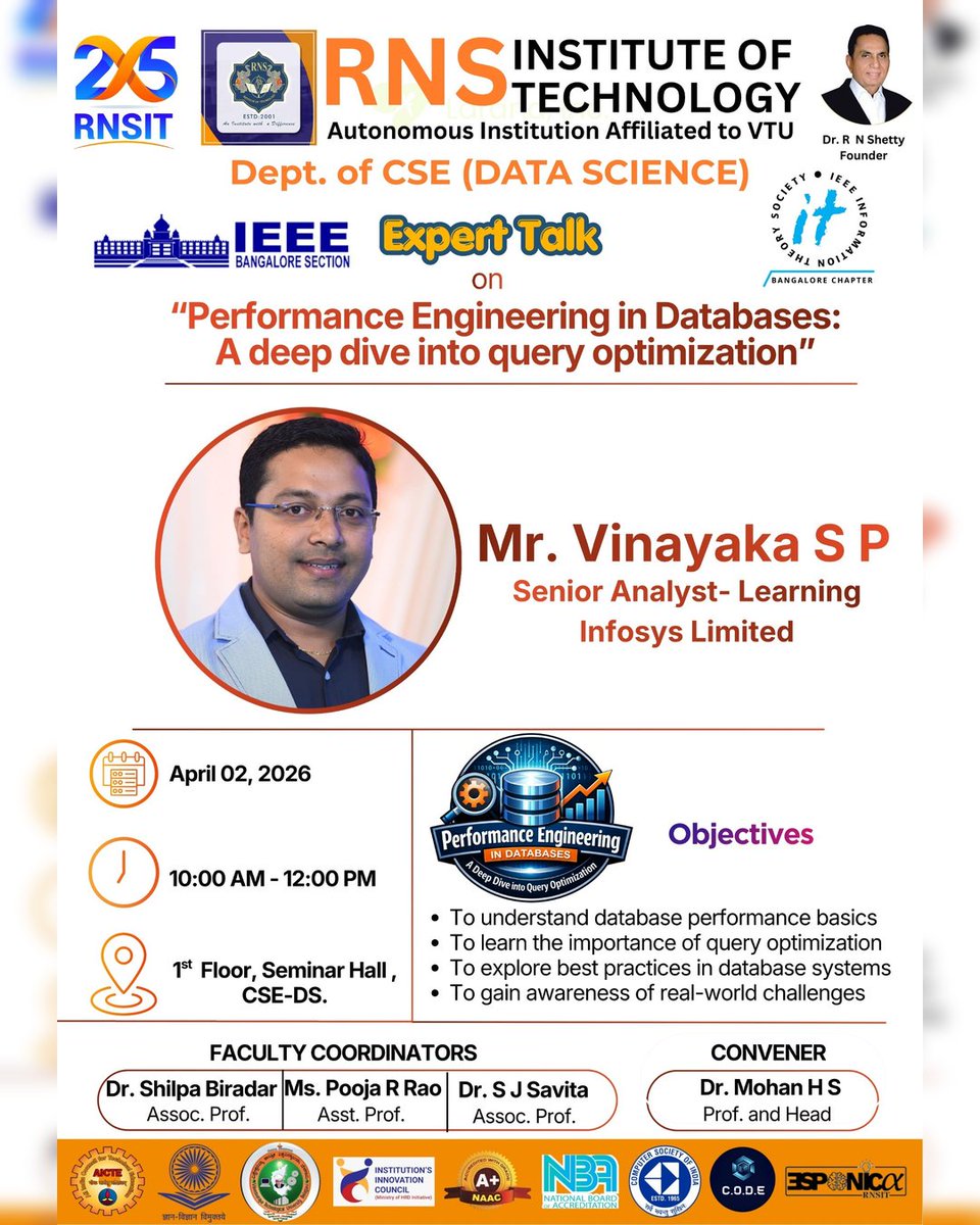rnsit_cse_ds's tweet photo. Expert Talk by CSE (Data Science), RNSIT on “Performance Engineering in Databases” by Mr. Vinayaka S P (Infosys).

Engaging session for IV Sem students.
Thanks to coordinators &amp; Convenor Dr. Mohan H S.
#RNSIT #CSEDataScience #ExpertTalk #QueryOptimization https://t.co/X9UjkjLolD