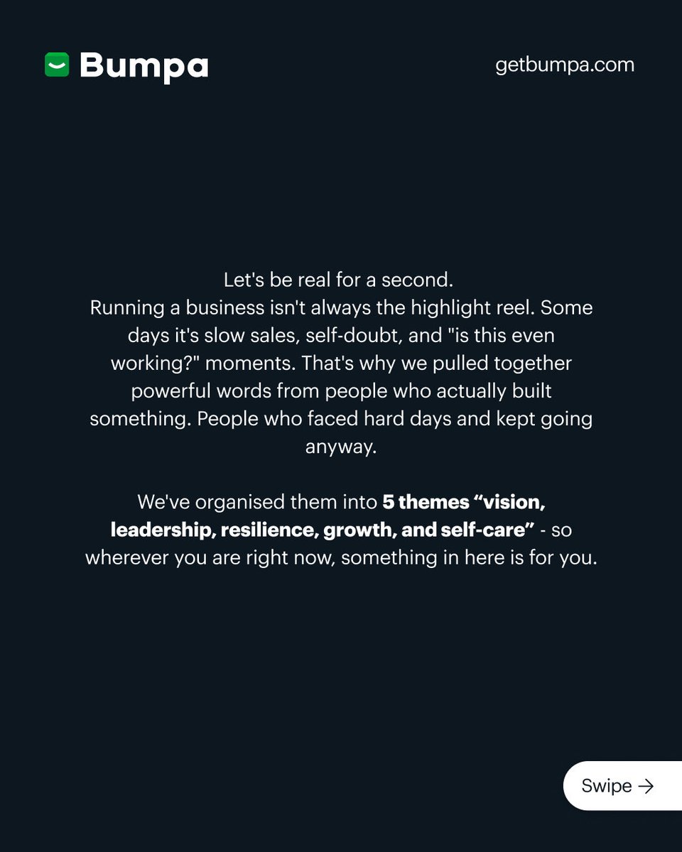 getBumpa's tweet image. Who said business owners don’t need a bit of encouragement too? 

Here are 10 powerful words from builders just like yourself to keep you going💚

#getbumpa #businessowners #bumpaforbusiness #businessmotivation