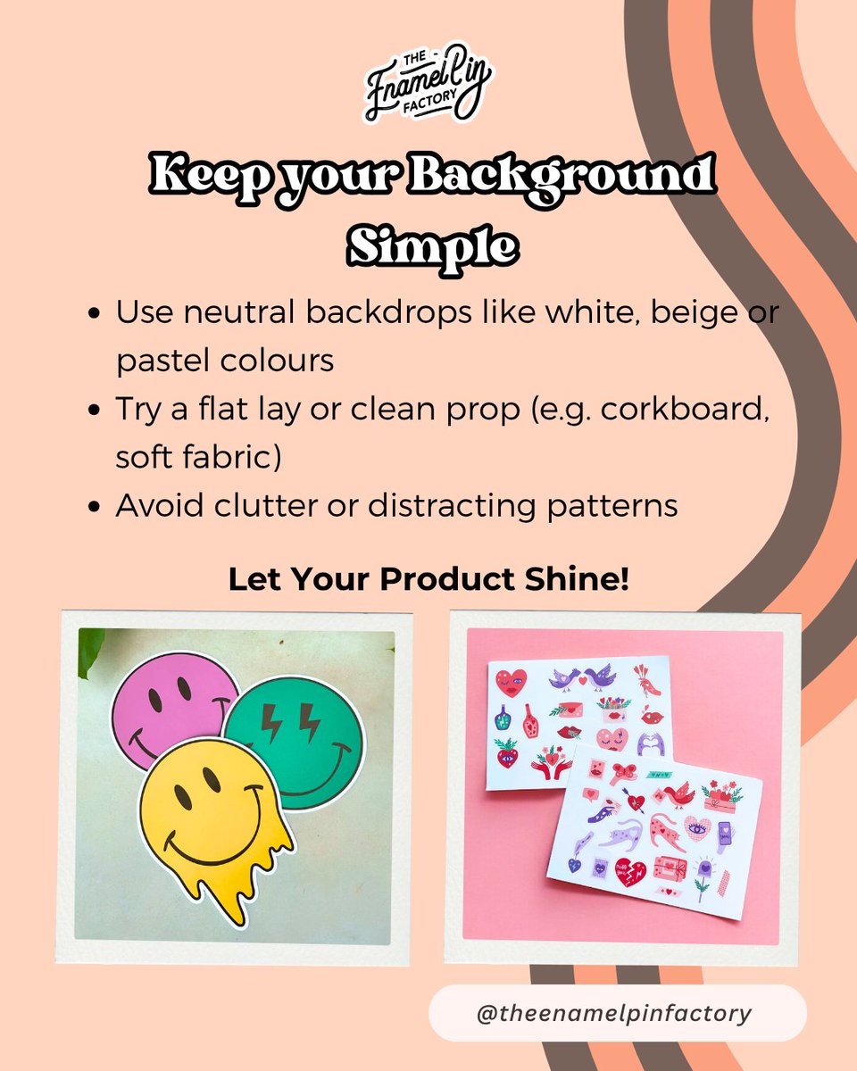 PinFactory's tweet photo. 📸 Quick Tips for Taking Great Product Photos

Show your products in the best light with these simple tips 👇
#ProductPhotography #QuickTips #BrandingTips #CustomMerch #EnamelPins #SmallBusinessUK #MerchTips #EcoFriendlyMerch https://t.co/ZLfLZZm9eL