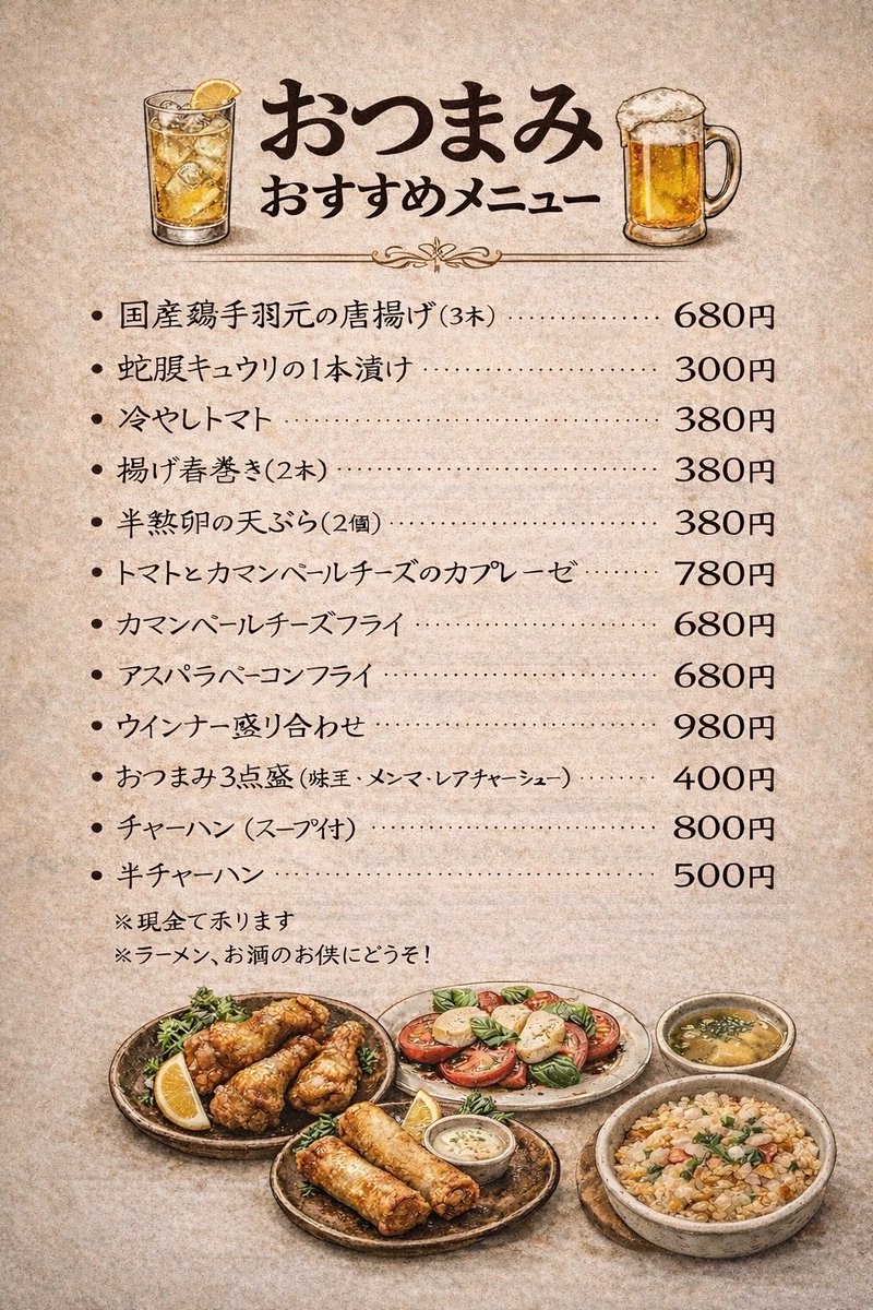yuga_297's tweet photo. 【夏期限定営業時間変更のお知らせ】

2026年6月1日(月)〜9月ぐらいまでの営業時間を
17:30〜24:00(※昼営業はなし)
とさせていただきます。

お酒、おつまみ増えます🍺
まぜそば、ラーメン、お酒のお供にどうぞ🍜
※画像は仮のメニュー、値段なので変更する可能性ございます。
よろしくお願いします。 https://t.co/N7uxcORKFQ