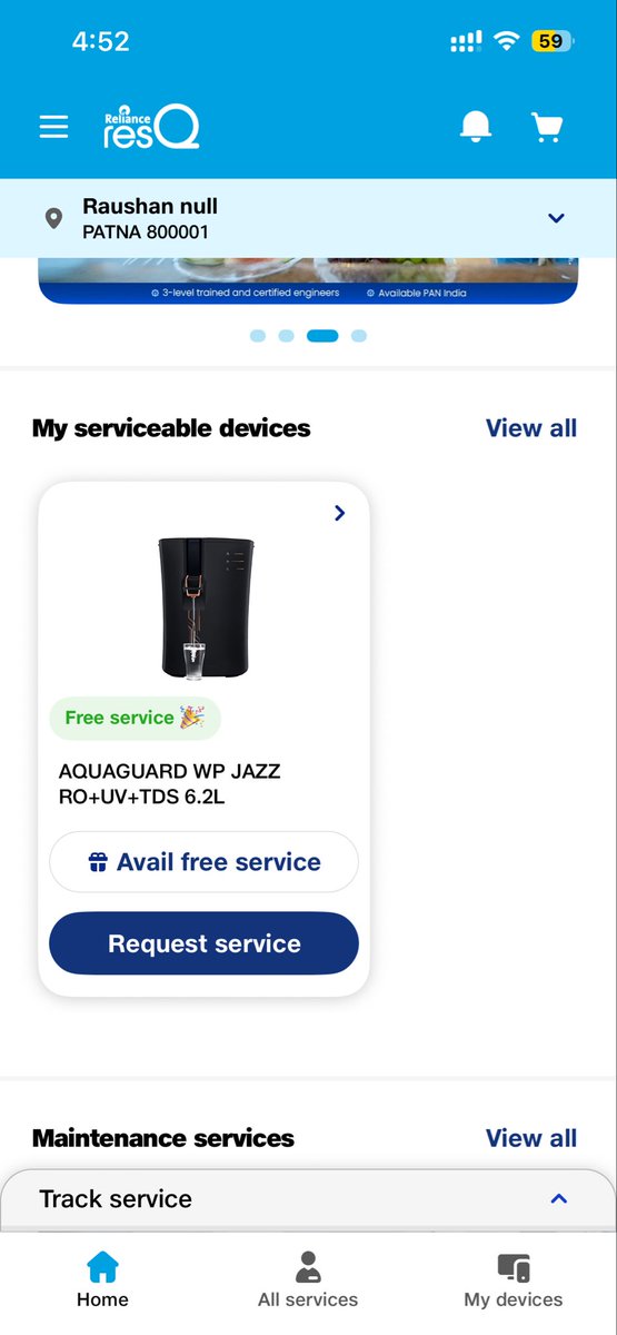abhinavsnh's tweet photo. @RelianceDigital 
I am not able to book service request from RESQ website and application.
Need service for my RO filter with parts as covered under RESq plan, kindly assist. https://t.co/KYxOkHvf4J