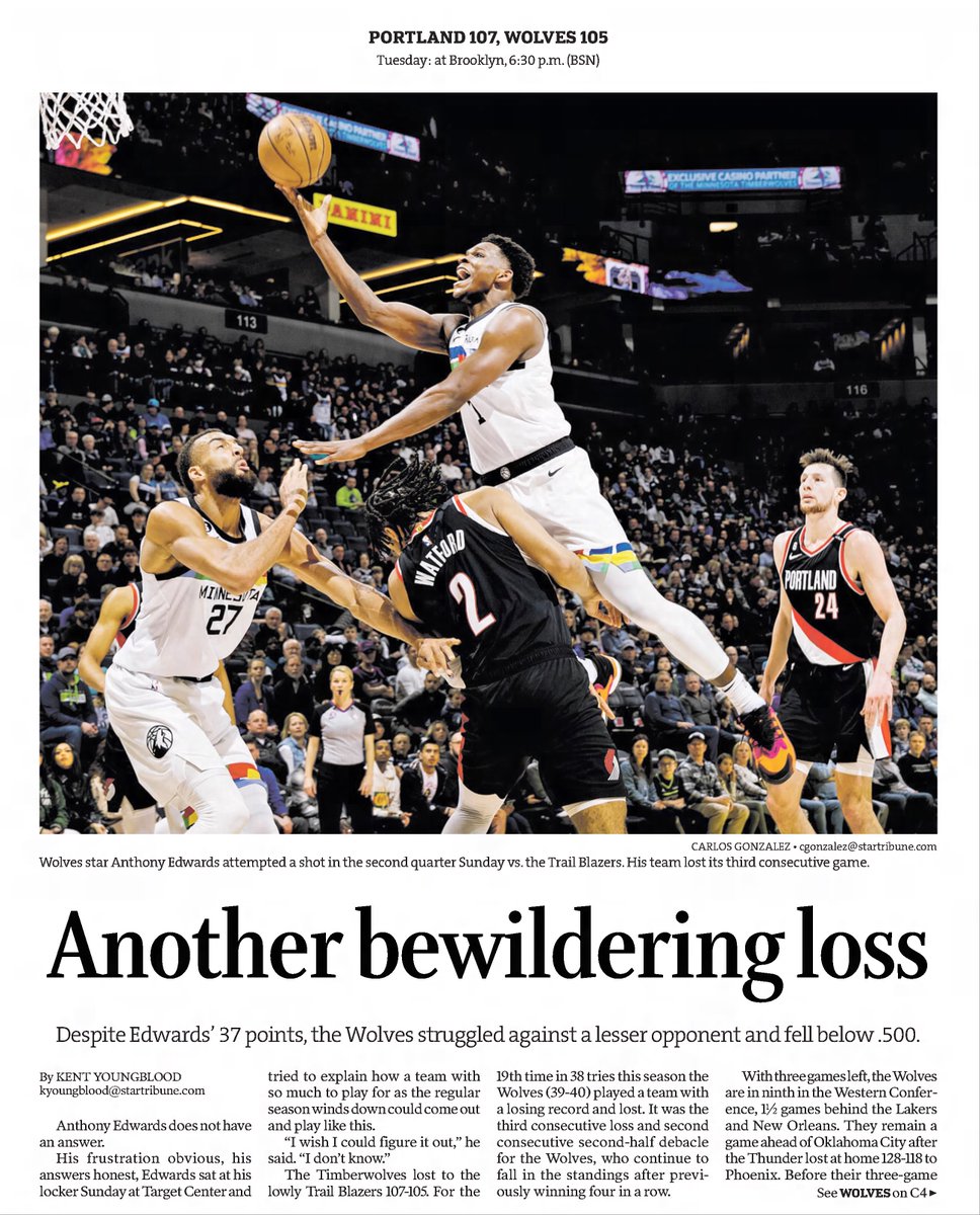 WHENESOTA's tweet image. Also #OTD in #Minnesota Sports History (2023) The #RaisedbyWolves lose to Portland 107-105. As 19.5 pt favorites, they were the largest favorite in #NBA history to lose a game outright. (Thanks @PowerTripBets &amp;amp; @Brad__AZ) newspapers.com/article/star-t…