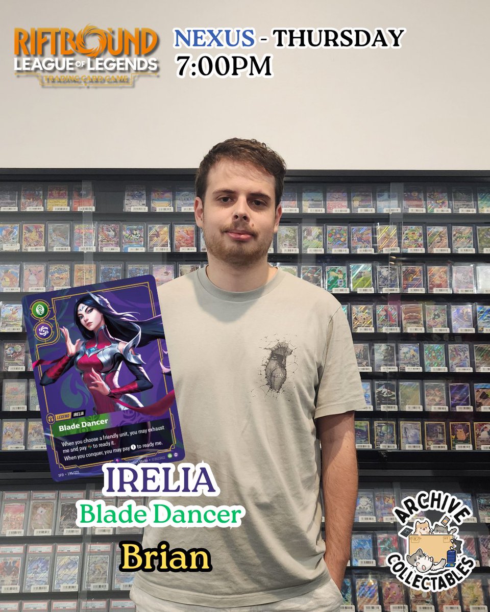 Archive_Collect's tweet photo. Congrats to Brian for taking 1st place at our Nexus Thursday! 🏆 Wishing everyone a great long Easter weekend. We’ll see you back next Thursday for more games.👍
#Riftbound #RBSpiritforged https://t.co/UfyrVd3XIa