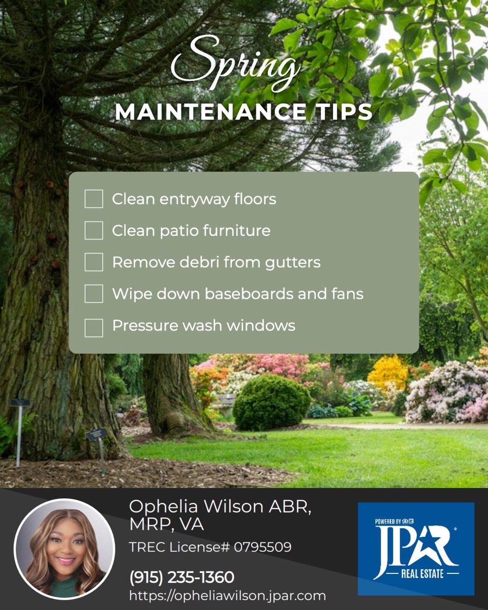Phelia101's tweet image. Spring is in full bloom 🌸—the perfect time to give your home some TLC!

A little seasonal maintenance = a fresher, cleaner, happier space 🌿✨

Are you an early bird or last-minute spring cleaner? 🧼

#springcleaning #springchecklist #elpaso #elpasorealtor #texasrealtor