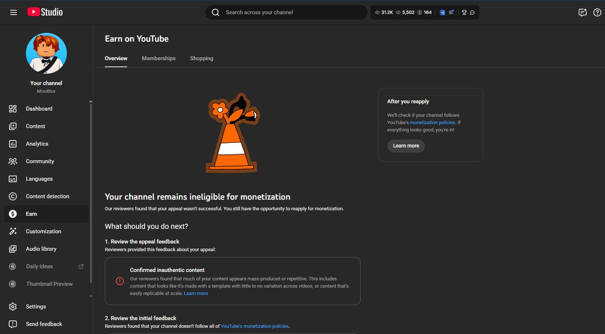 MisoBlox's tweet photo. @TeamYouTube
@YouTube
Got demonetized for inauthentic content.. I believe this was a mistake, my shorts are original and I don't mass produce content. It takes me about 2 hours for every short. https://t.co/jEjfnvxc9J