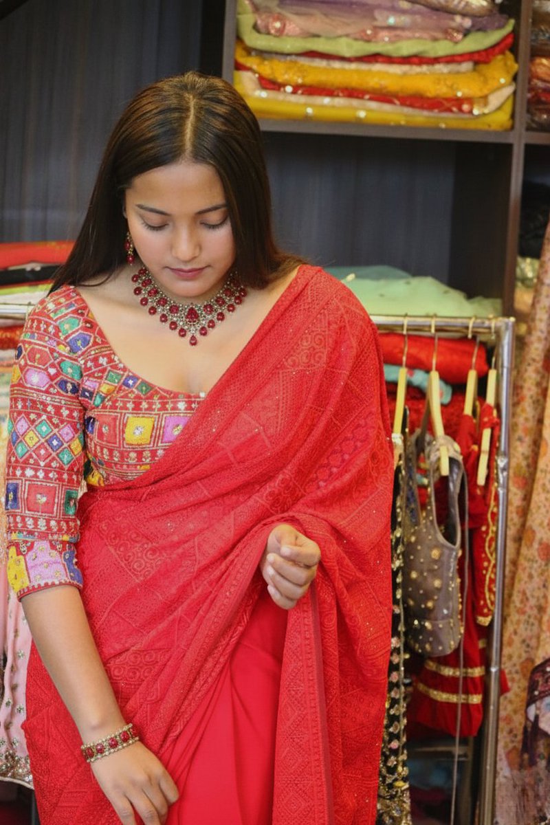 riteishcreation's tweet photo. Red is more than just a color; it’s an emotion. ❤️ 

 Check out this beautiful fusion of intricate Chikankari work paired with a playful, vibrant blouse. It’s the perfect balance of traditional grace and modern flair. Whether it’s a mehendi, a party, or a wwedding. https://t.co/979KFyHhil