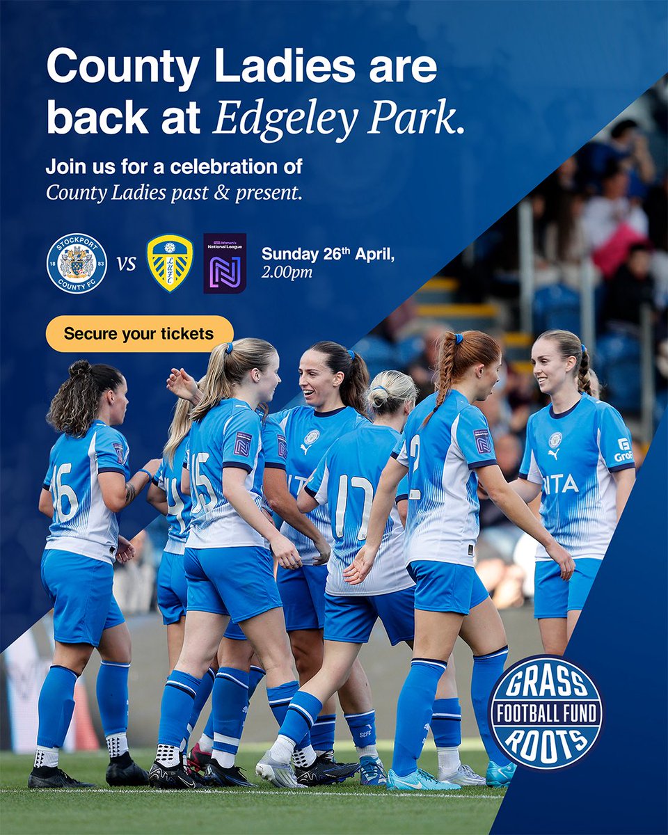 CountyWomen_'s tweet photo. Celebrate decades of dedication at Edgeley Park as Stockport County Ladies face Leeds United Women on 26th April 💙

Adults £5 | Concessions £1 🎟️
Grassroots teams enter FREE 🌱

Read more about this celebratory fixture: https://t.co/LEJfngomRm 🔗

#StockportCounty https://t.co/sGhgcXj1kR