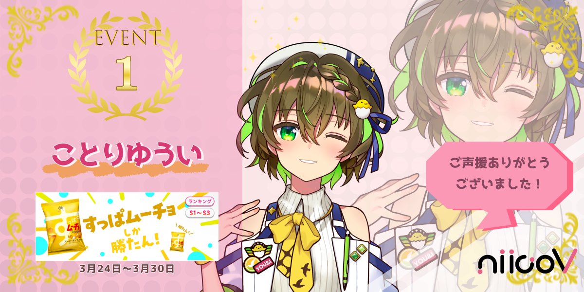 niico_v's tweet photo. 【👑イベント入賞情報👑】

IRIAM開催の すっぱムーチョしか勝たん！　(S1〜S3)で
niicoVライバー 「ことりゆうい」が 
(@kotoriYOUI ) 
グループ1位を獲得しました！

ことりゆういさん、 そしてリスナーの皆さん、 おめでとうございます！🐣❓ https://t.co/mftQ02gZ5O
