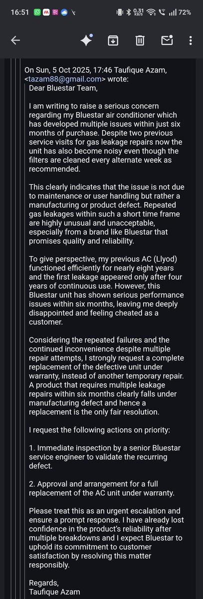 tazam88's tweet photo. I bought a Bluestar AC in March'25 and it's been nothing but trouble. 😤 Despite raising multiple issues, they couldn't fix it. Now it's out of warranty and they want to charge me for repairs. This feels like a complete rip-off! 😡 #CustomerService #faultydevice #replacement https://t.co/ZQiFEUDK20