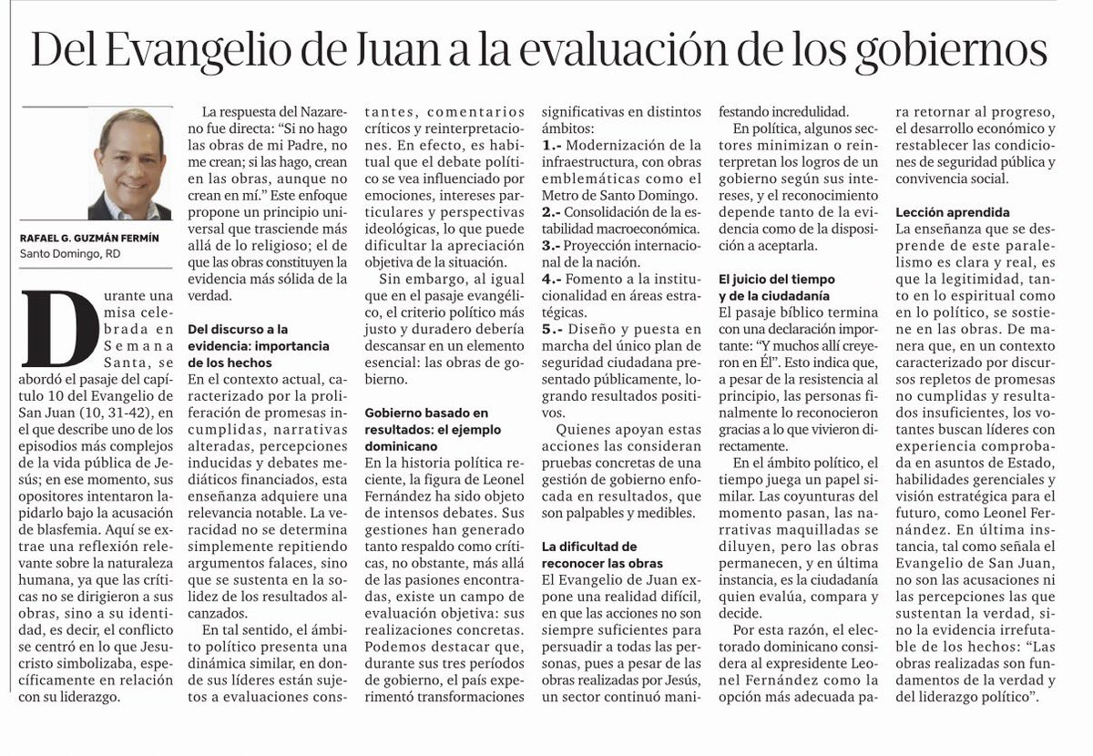 "Por su obra se conoce al artesano" (Jean de La Fontaine).

Les invito a leer nuestro análisis sobre la importancia de la realización de las obras de gobierno, para dejar un legado que perdurará en el tiempo y fortalecerá el liderazgo político.
⭐️🇩🇴⭐️

Versión impresa