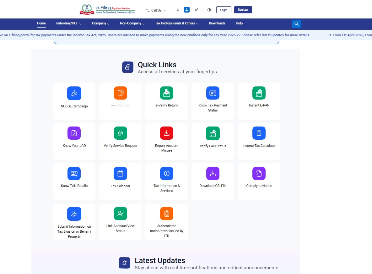 🚨 Income Tax Portal Revamp
New e-Filing portal aligned with IT Act 2025:

• New ITR forms &amp; challans
• Integrated tax payment
• Simplified dashboard
• Dual support (1961 &amp; 2025)

✅ Faster, easier compliance for assessees

#IncomeTax #ITR #TaxUpdates